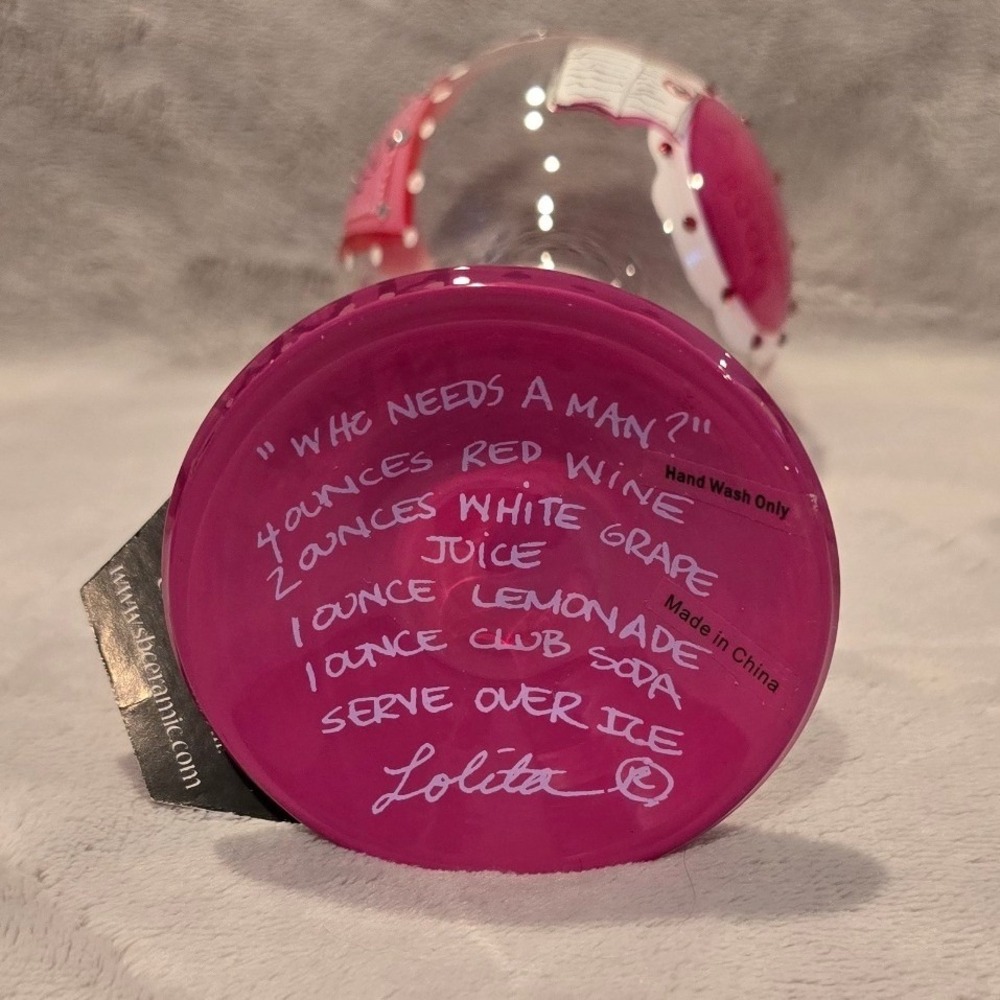 Lolita Who Needs A Man Hand Painted Wine Glass with Recipe and Gift Box Pink Red - Picture 5 of 7